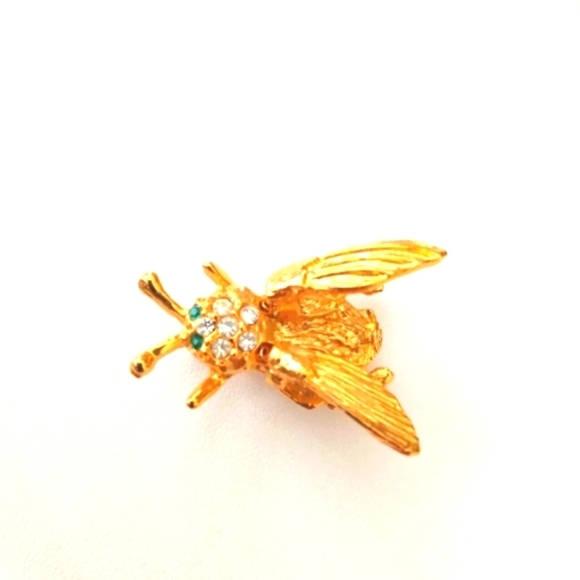 Bee Brooch Rhinestones Wings Move Green Rhinestone Eyes Fly 1980s 1.5" Insect - Picture 1 of 6